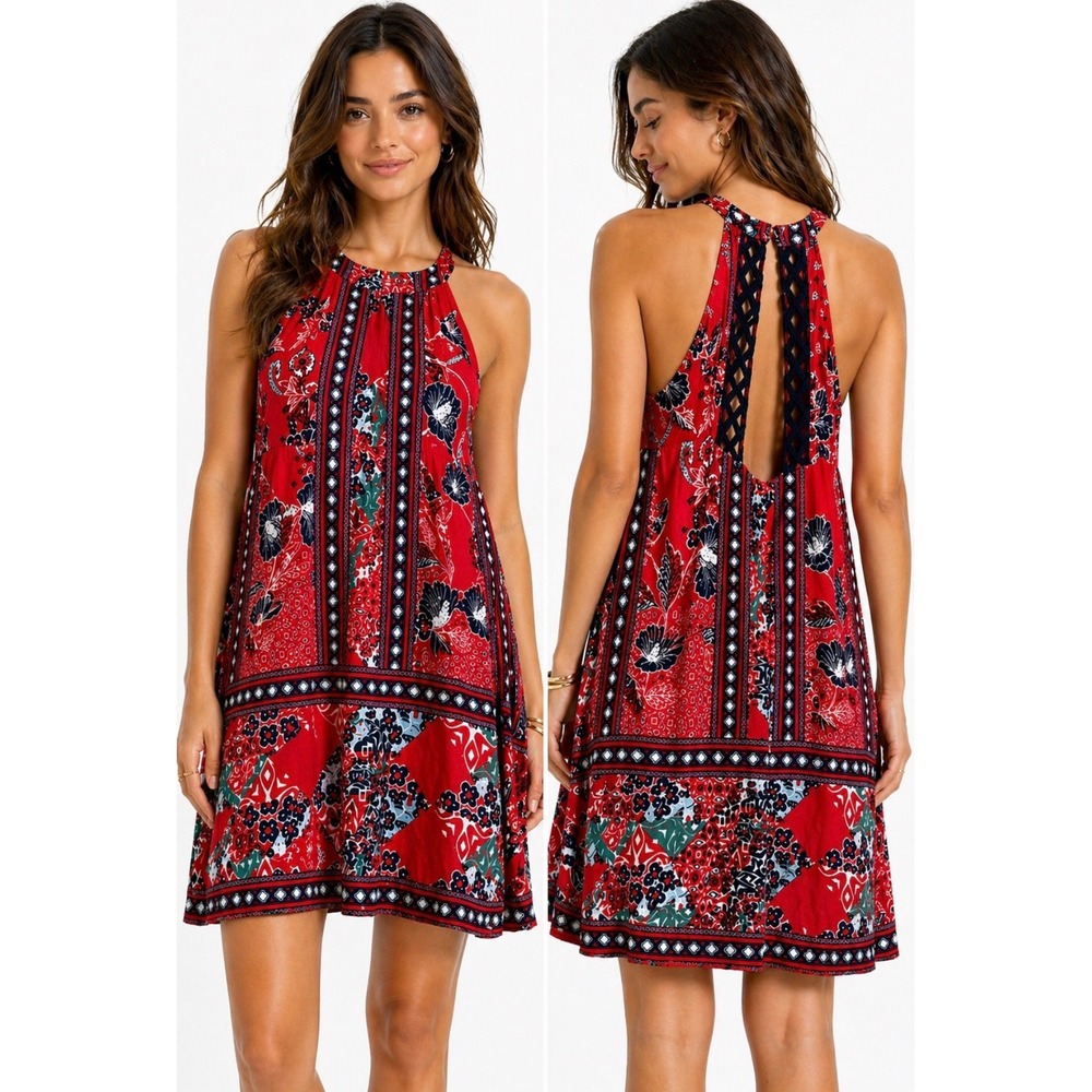Miss Me Red Patchwork Floral Halter Mini Dress Boho Sleeveless Size S